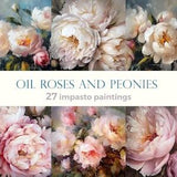 Collection of oil paintings of peonies and roses flowers, impasto, petal giant close-up. Bouquets of flowers in vases. Floral wall art print