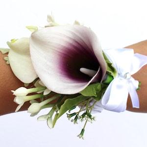 Purple Wedding Corsage , Purple Calla Lily Wrist Corsage , Picasso Wedding Wrist Corsgae