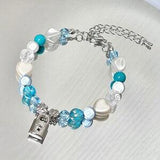 Lock Charm Bracelet | Dainty Creative Beaded Bracelet | Seed Bead, Aesthetic, Cute, Y2K, Gift Idea, Iridescent, Blue White, Heart, Flower