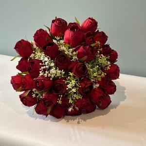 Red Rose And Gypsophila Bouquet - Artificial Silk Flowers For Wedding Anniversary Christmas | Claire De Fleurs