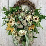 Fall crescent wreath for front door with peonies, fall leaves, berries, pumpkins, outdoor grapevine wreath, neutral colours, bow, elegant
