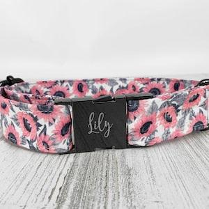 Personalized Laser Engraved Metal Sunflower Wide Dog Collar, Quick Release Buckle, Spring Florals, Whimsical, Farm House Country Style.
