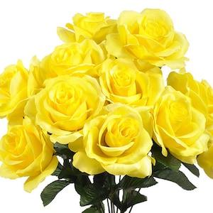12 Open Yellow Roses, Artificial Flowers, 4" Rose Head, Wedding Arrangement, Bridal Bouquet, Centerpiece, Fake Bloom Faux Silk Flowers