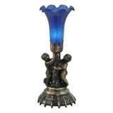 Meyda Lighting 13'H Twin Cherub Pond Lily Mini Lamp, Blue - 11038
