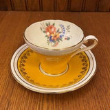 Aynsley Fine Bone China, Yellow and Gold with a Bouquet of Flowers, Corset Shape Teacup and Saucer 5339