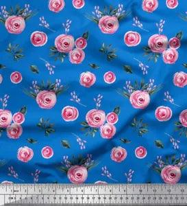 Soimoi Blue Cotton Poplin Fabric Leaves & Ranunculus Floral Fabric-GXm