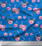 Soimoi Blue Cotton Poplin Fabric Leaves & Ranunculus Floral Fabric-GXm
