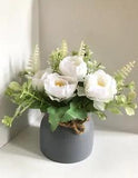 Silk Artificial White Peony Flower Arrangement In Plastic Grey Vase New