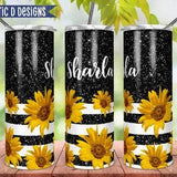Black Glitter Effect Sunflower Personalized 20oz Stainless Steel Skinny Tumbler