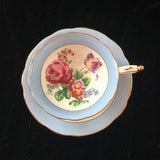 Gorgeous double warrant sky blue Paragon tea cup and saucer with large pink rose centre, collectible English bone china, cabinet tea cup