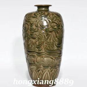 8.9" Old Qing Dynasty Yaozhou Kiln Porcelain Peony Flower Pattern Vase Bottle