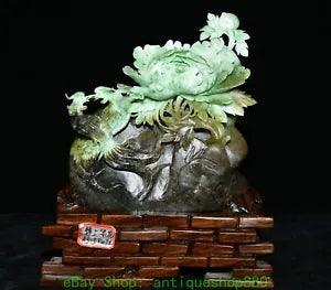 7.8'' Natural Dushan Jade Carving Peony Flower Phoenix Statue Sculpture