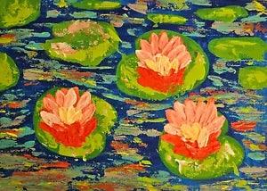 abstract painting original impasto landscape with water lilies. 3D image