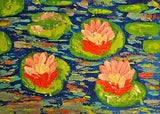 abstract painting original impasto landscape with water lilies. 3D image