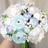 Light Blue Ranunculus bouquet, Ivory peony bouquet, Austin Rose Bouquet, Baby's breath bouquet.