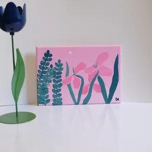 Moon Lilies I Acrylic Painting Wood Panel Pink Flowers Green Ferns Ombre Pink