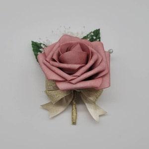 Dusty rose And gold Boutonnieres And Corsages, Available In 27 Colors, Corsages Available In Pin On And Wrist, Matching Bouquets Available