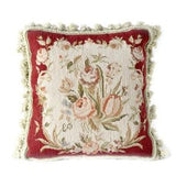 Wool Needlepoint Throw Pillow Cover | Antique Style French Rose Bouquet Burgundy Red Cushion Cover 16x16