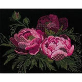 Peonies cross-stitch pattern on black fabric with pink flowers and green leaves