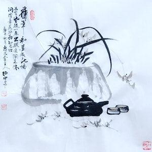 Original Chinese Water Ink Painting of Orchid and Teapot on Rice Paper, Brush Painting, Flower Wall Art, Home Decor by He Shaojie (?????)