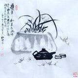 Original Chinese Water Ink Painting of Orchid and Teapot on Rice Paper, Brush Painting, Flower Wall Art, Home Decor by He Shaojie (?????)