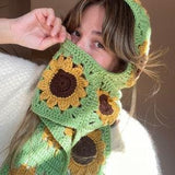 Crochet Sunflower Balaclava Scarf With Hoodie, Crochet Balaclava, Crochet Scarf, Green Sunflower Scarf, Warm Winter Scarf,Handmade Balaclava