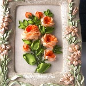 A bouquet of orange roses, Ribbon embroidery in a Vintage frame, floral embroidery picture, orange ribbon embroidery roses, unique gift