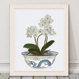 Dragon chinoiserie, White orchid plant, Chinese decor, Ming porcelain print, Chinoiserie bowl art, Blue and white, Oriental wall art,