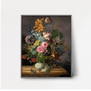 Flower Arrangement 1830s Floral Still Life -- victorian flower painting, dark flower art, antique botanical print, peony bouquet