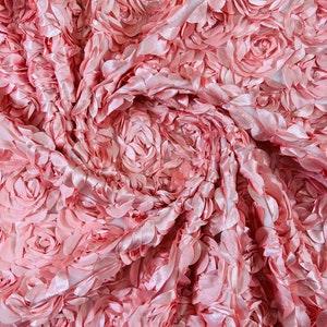 Rose Rosette Fabric 3D Floral Fabric By The Yard, Peony Bouquet Fabric on Mesh, 3D Rosette Satin Fabric Wedding Decor.