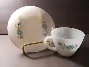 VINTAGE FIRE KING OVEN WARE BONNIE BLUE CARNATION CORN FLOWER TEA CUP SAUCER