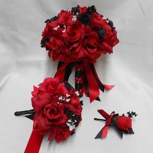 Black Red Rose Bride's Bouquet Groom's Boutonniers Toss Bouquet Bridal Package Wedding Your Colors New