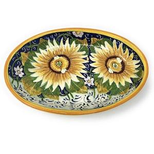 Italian Ceramic Art Pottery Serving Bowl Small Tray Oval Hand Painted Pattern Sunflower Tuscan Made in ITALY Florence