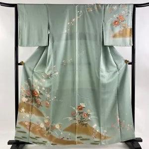 Homongi  Kimono Silk Japan Length 160.5Cm Sleeve 65Cm M Peony Branch Flower Gold