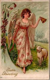 Easter Postcard Lamb Walking with Angel Ringing Gold Bell Carrying Lily Flower