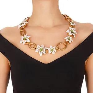 DOLCE & GABBANA Lily Flower Pearl Necklace Chain Belt Gold White S 12339
