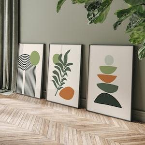 Boho Abstract Wall Art Prints, Boho Wall Decor, Set of 3 Prints, Scandi Art, Mid Century Prints, Sage, Green, Black, Beige, Boho Wall Art