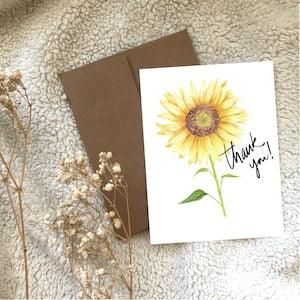 Sunflower Thank You Greeting Card Blank, Watercolour Hand Illustrated