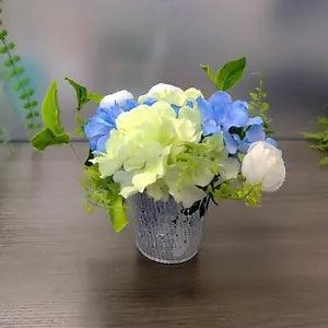 Small Hydrangea  Ranunculus in silver metal planter Arrangement, table centerpie