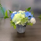 Small Hydrangea  Ranunculus in silver metal planter Arrangement, table centerpie