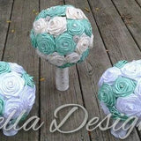 Mint Green and White Ribbon Rose Bouquet Set Accented with Brooches and Rhinestones | Fabric Wedding Flowers for Bridal Party |