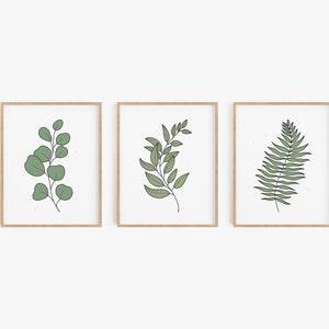 Fern leaves print set - Set of 3, Minimalist botanical poster set, Green leaf art, Greenery, Scandinavian art decor, Wall art, MAILED PRINT