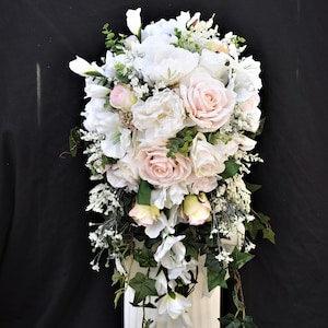 Cascade Bridal Bouquet Blush and Soft White Roses, Ivory Peonies, Eucalyptus, Heather, Gladiolus & natural wild flowers