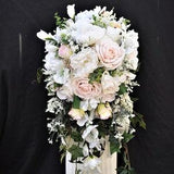 Cascade Bridal Bouquet Blush and Soft White Roses, Ivory Peonies, Eucalyptus, Heather, Gladiolus & natural wild flowers