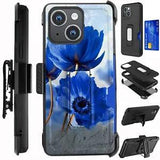 Card Holster For iPhone 15/Pro/Plus/Pro Max Phone Case Peony Blue Flower