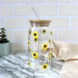 Sunflower Can Glass Cup wit Bamboo Lid and Bent Glass Straw,Iced Coffee Glass Cup with Lid, Vinyl Glass Cup with Straw, Beer Can Glass, 16oz