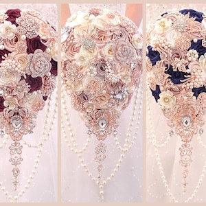 Wedding brooch bouquet. Cascading bouquet. Rose gold jewelry bouquet. Burgundy bouquet. Navy blue wedding accessories