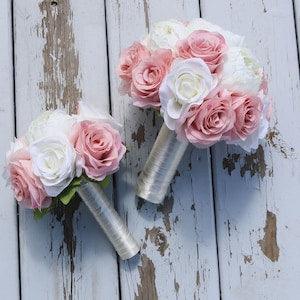 Artificial Blush Pink  Ivory Wedding Bouquets, Rose Peony Bridal and Bridesmaids Bouquets, Silk Flowers for Weddings