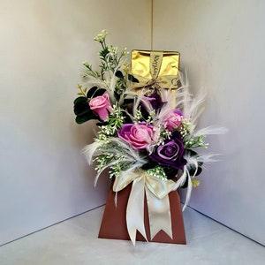 Darcey - Handmade Realistic Faux Flowers + Chocolate Bouquet - Modern Pink and Purple Mixed Roses Fall Birthday Bouquets - Anniversary Gift