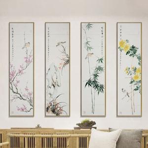 Original ink wash bird-and-flower painting, unframed Hand-Painted plum/orchid/bamboo/chrysanthemum, watercolor botanic painting,set of 4